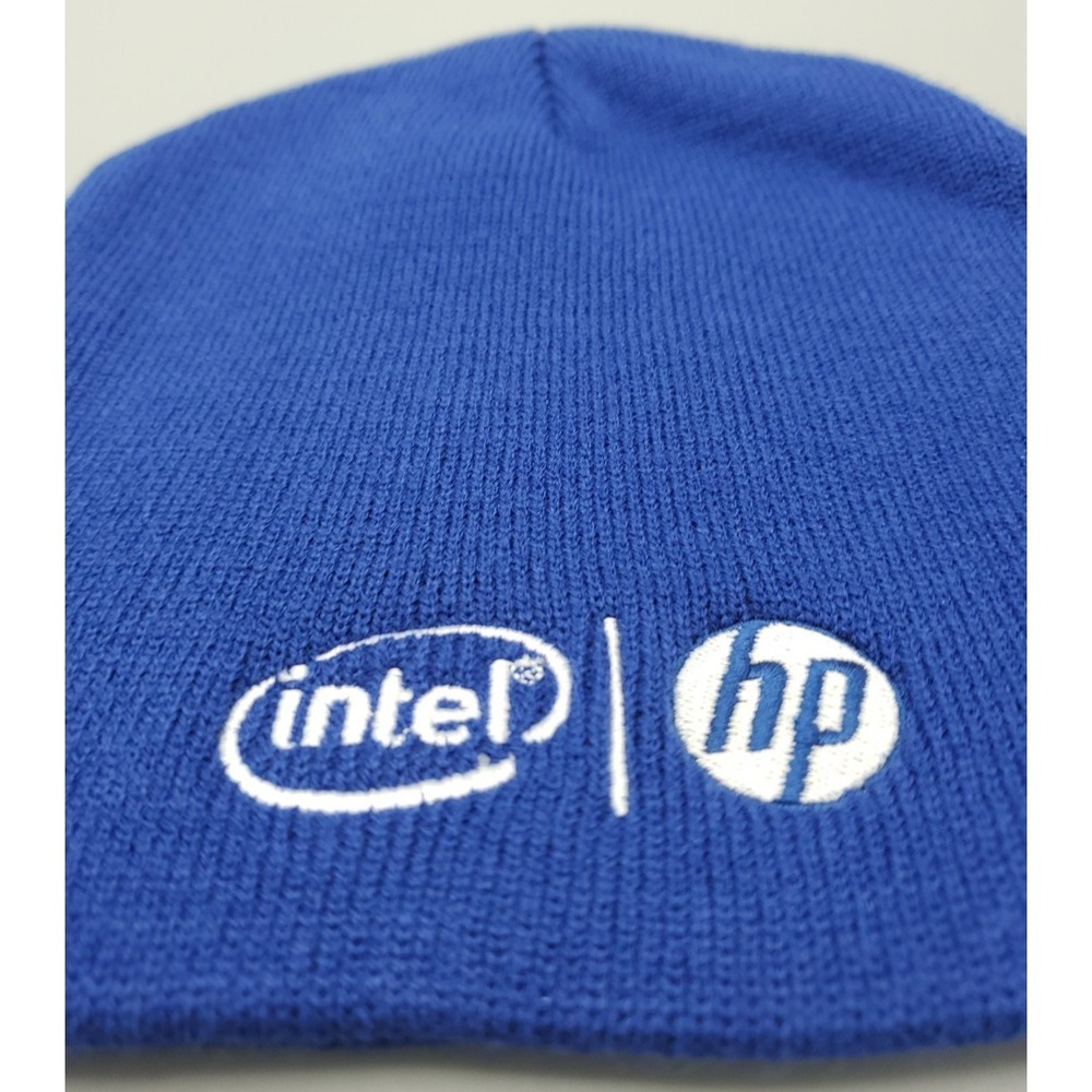 Vintage Intel HP Tech Company Embroidered Blue‎ Beanie Knit Watch Cap Toboggan
